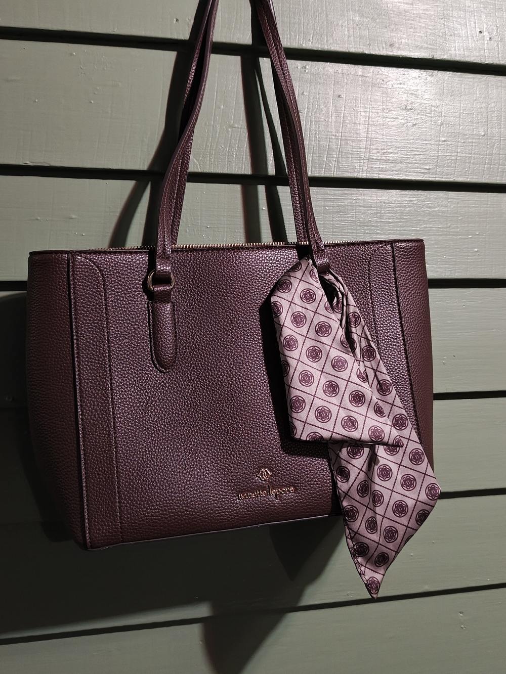 Nannette Lepore Brown Leather Tote with Decorative Scarf